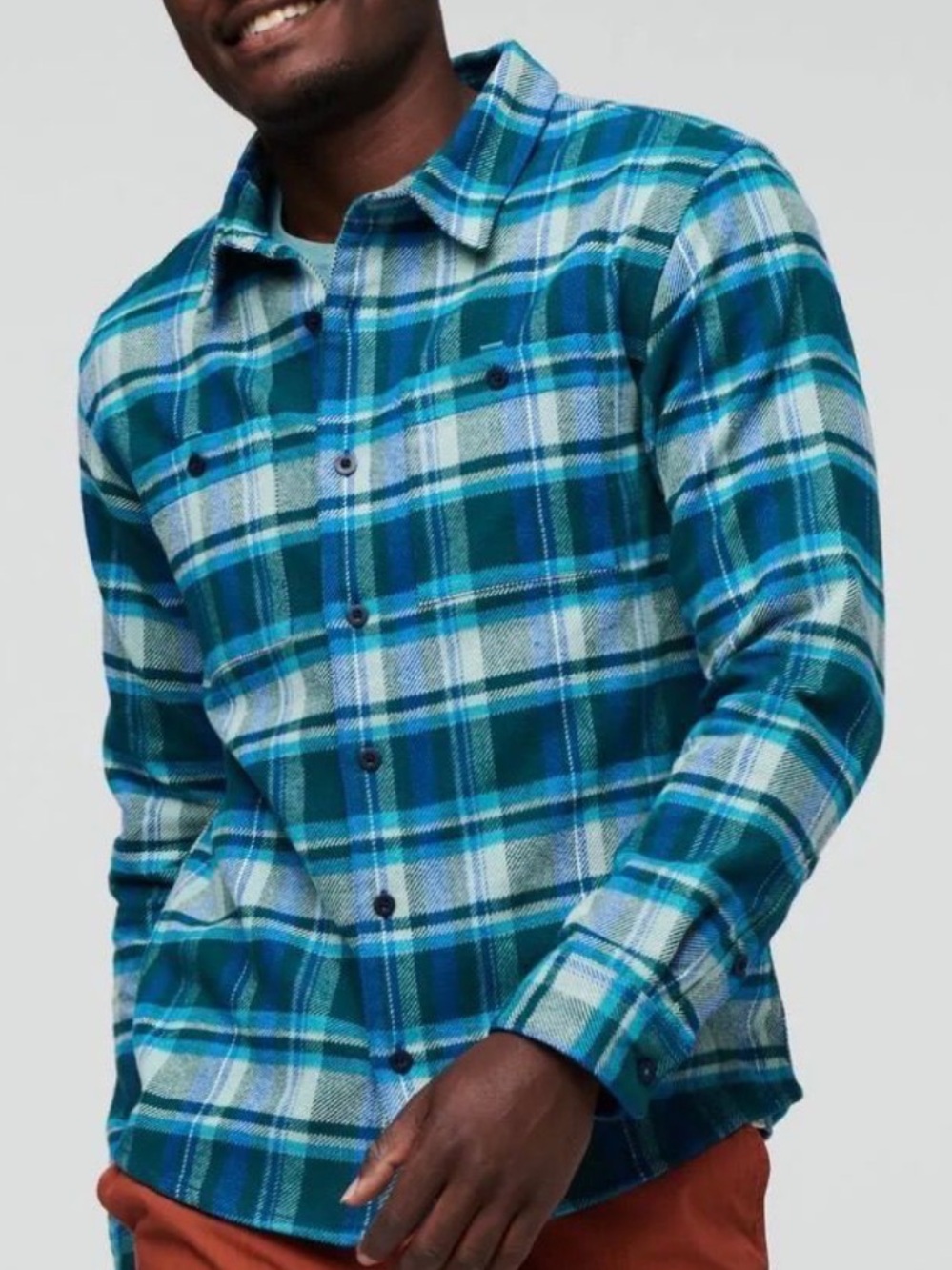 Cotopaxi Men's Mero Flannel Shirt Size L Teal Plaid Organic Cotton Outdoor Hike